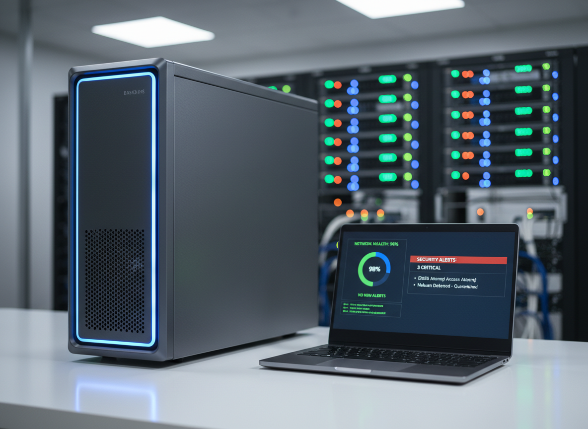 A sleek, charcoal-gray server tower with subtle blue LED accents stands on a glossy white desk, next to a slim, dark metallic laptop displaying a clean dashboard of network health metrics and security alerts. In the background, rows of softly glowing network switches and patch panels fade into a tasteful blur, suggesting a well-organized server room. Cool, diffused overhead lighting creates gentle reflections on metal surfaces and glass, emphasizing precision and order. Photographic realism with a clean, modern aesthetic, shot at eye level with a shallow depth of field. The mood is sophisticated, trustworthy, and calm, ideal for conveying professional IT services for small businesses and non-profit organizations.
