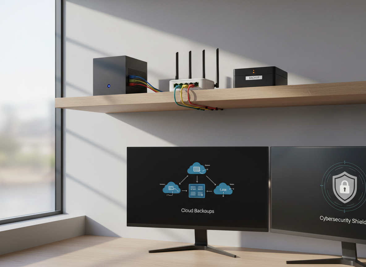 A modern, compact office network setup sits neatly on a light oak floating shelf: a matte-black firewall appliance, a small high-end router with tidy, color-coded Ethernet cables, and a labeled external backup drive with a subtle status light. Below the shelf, a minimalist workstation with dual slim-bezel monitors displays clear diagrams of cloud backups and cybersecurity shields. Soft morning light filters through a frosted window, casting refined, gentle shadows and a serene glow across the scene. Photographic realism, rule-of-thirds composition with moderate depth of field, conveying reliability, organization, and quiet technical competence tailored to small business environments.